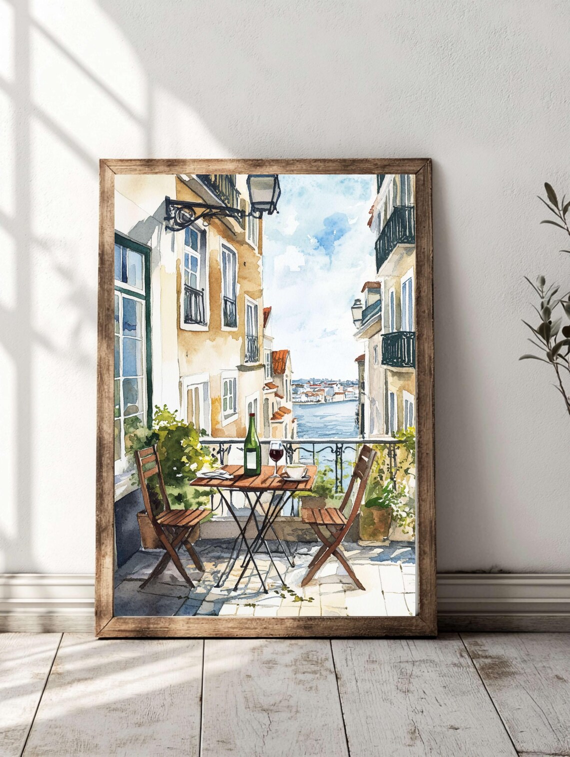 Lisbon Portugal Sunny Terrace Wine Table Watercolor Travel Print