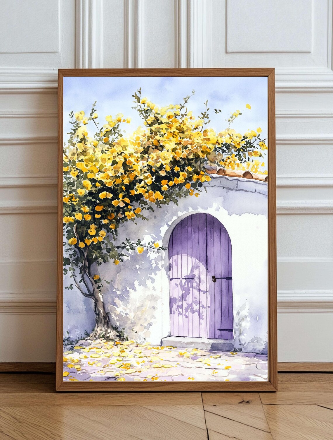 Mediterranean Purple Arched Door Watercolor Poster Yellow Flowers