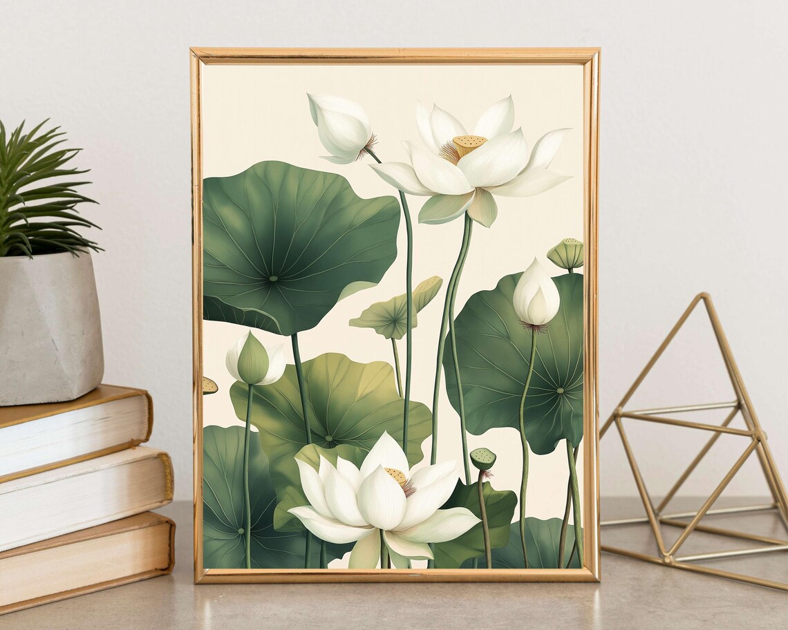 White Lotus Blossoms and Lily Pads Asian Botanical Art Poster