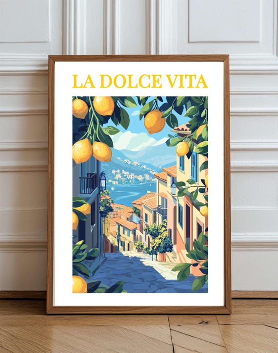 La Dolce Vita Mediterranean Lemon Street Wall Art Pink Coastal Village Print Italian Summer Decor