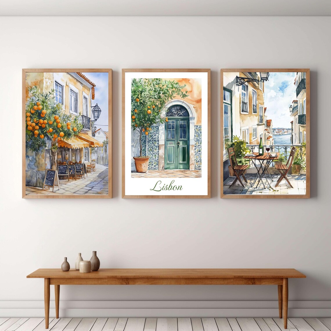 Set Of Three Lisbon Portugal Watercolor Street Scene Art Print