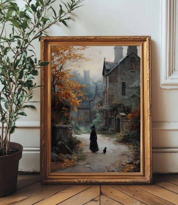 Witch And Black Cat Wall Art Autumn Village Vintage Oil Painting Style Halloween Home Decor
