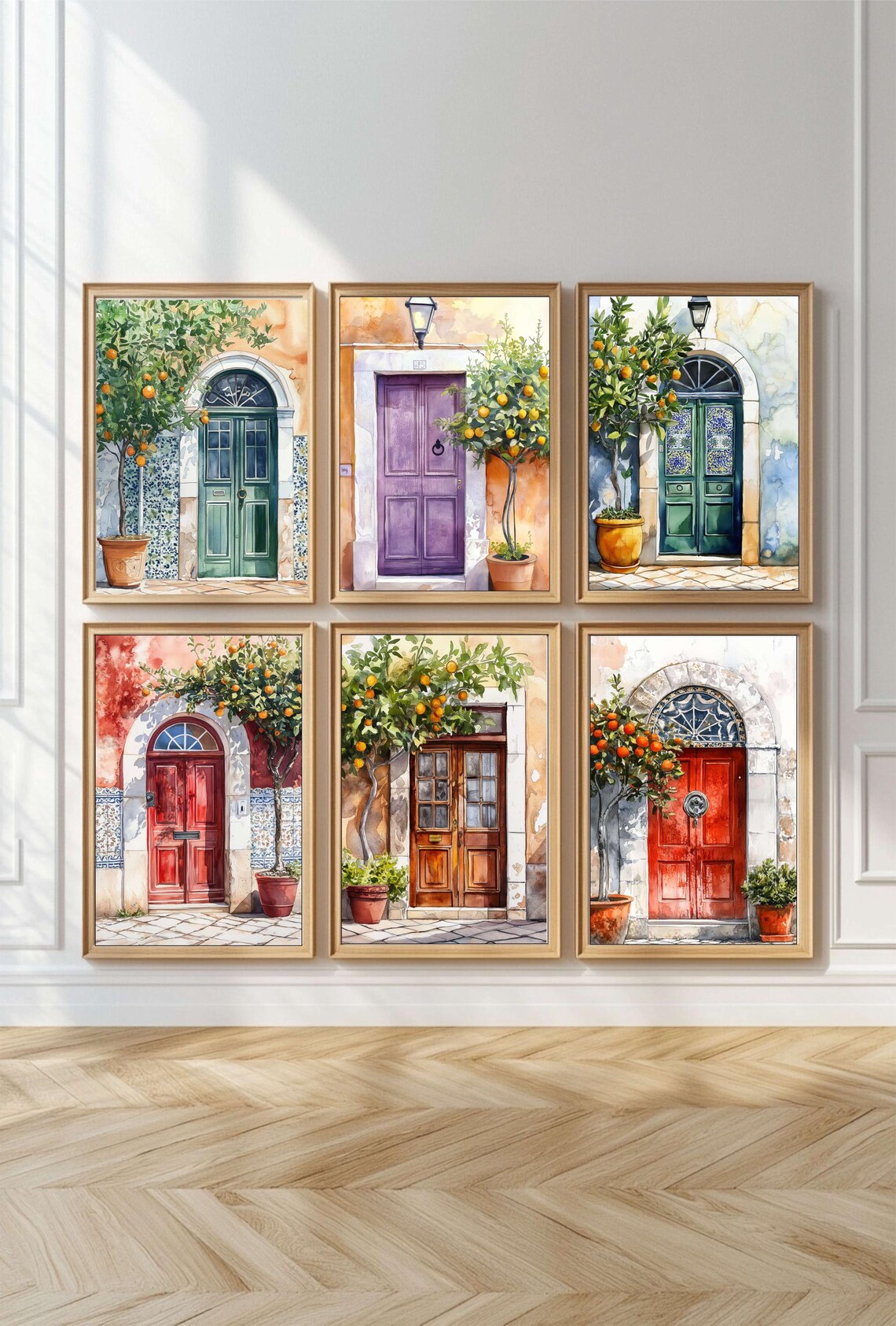 Colorful Portuguese Doors With Orange Trees Watercolor Set Poster