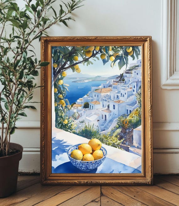 Watercolor Mediterranean Greek Village Art Print