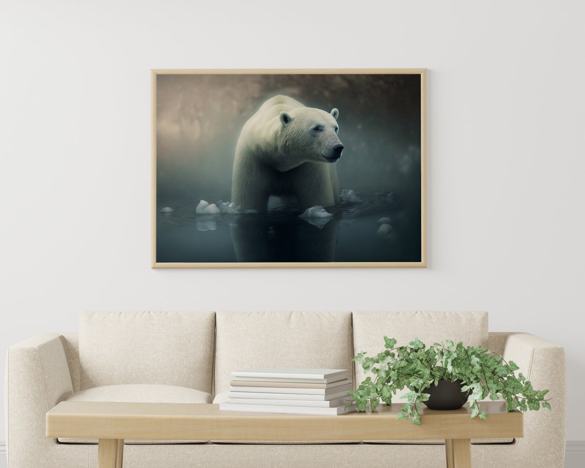 Polar Bear Among Ice Chunks in Misty Arctic Water Wildlife Poster - Image 3