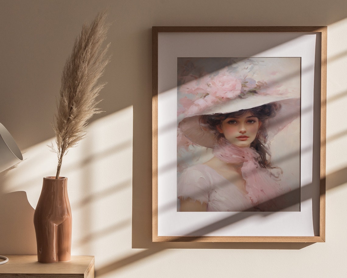Woman White Hat Pink Peonies Pink Scarf Vintage Portrait Poster - Image 4