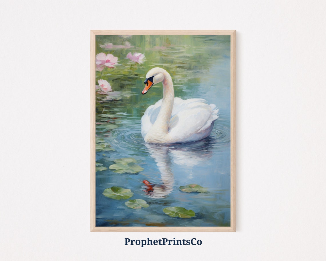 White Swan Water Lilies Blue Pond Impressionist Painting Poster
