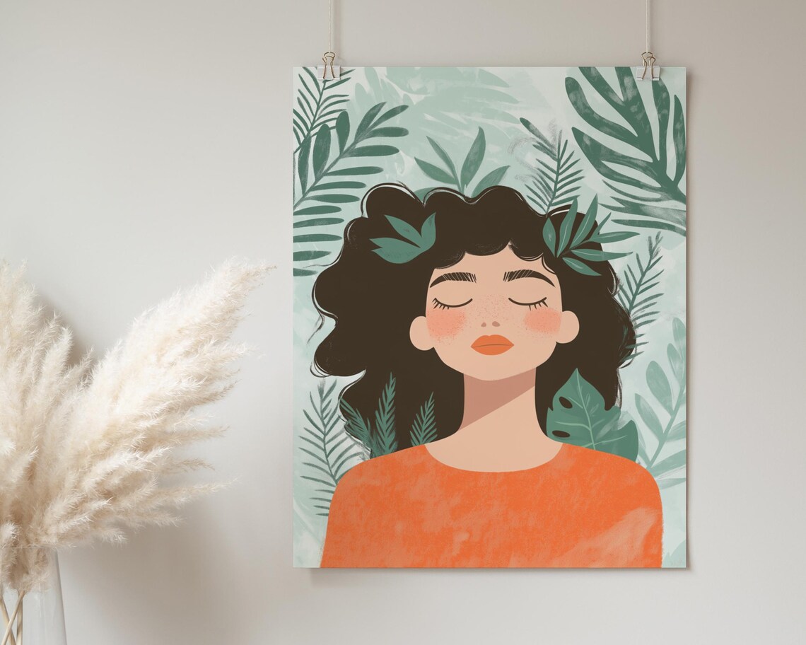 Floral Woman Portrait Curly Dark Hair Orange Top Leafy Poster - Image 2