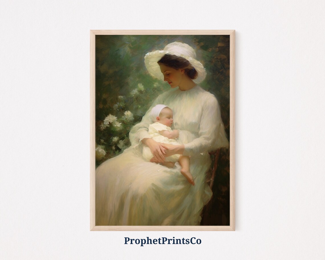 Mother and Baby Garden White Gown Romantic Oil Painting Poster