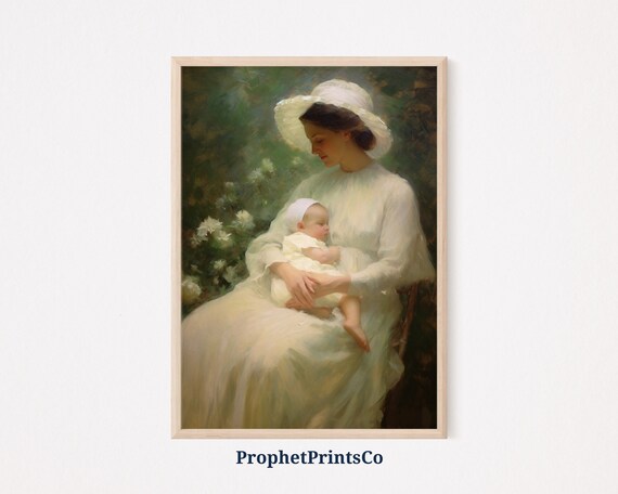 Mother and Baby Garden White Gown Romantic Oil Painting Poster