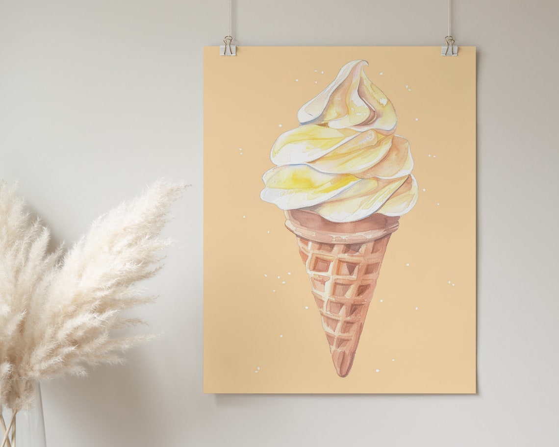 Yellow Watercolor Soft Serve Ice Cream Cone Peach Retro Dessert Poster - Image 2