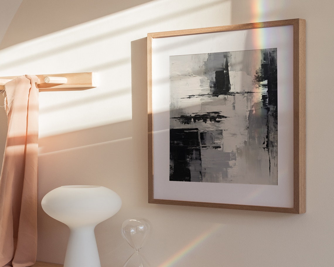 Monochrome Abstract Horizontal Brushstrokes Grey Black Art Poster - Image 2