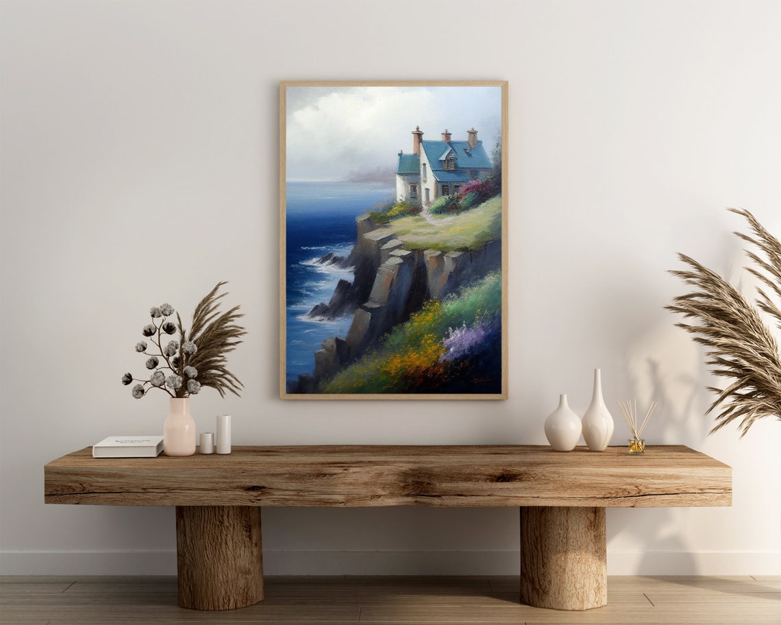 Serene White Cottage on a Cliff Edge Overlooking the Ocean Poster - Image 3