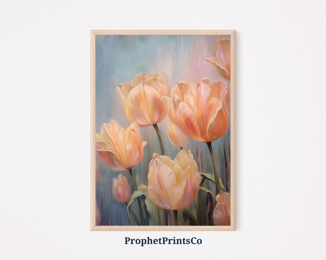 Peach Tulips Blue Grey Background Elegant Floral Oil Painting Poster