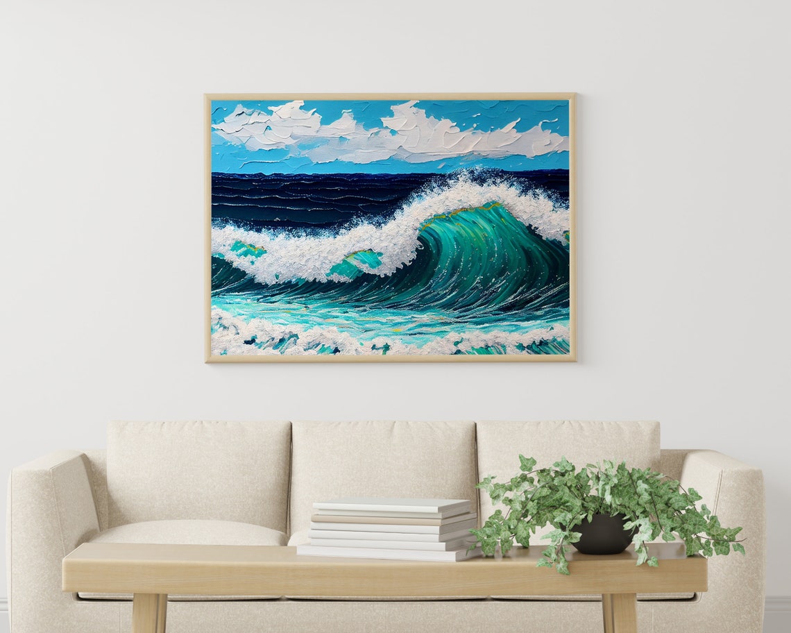 Emerald Wave Curl With White Foam Impasto Cloud Seascape Poster - Image 3