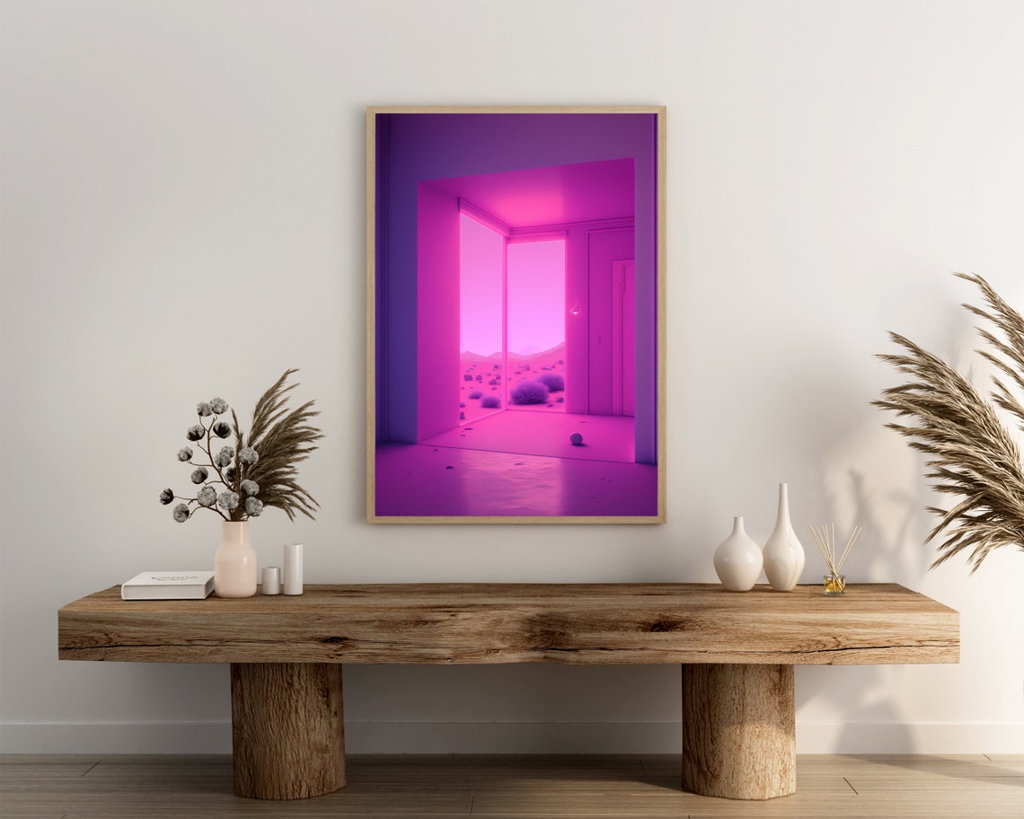 Neon Magenta Minimalist Room Desert View Surreal Interior Poster - Image 3