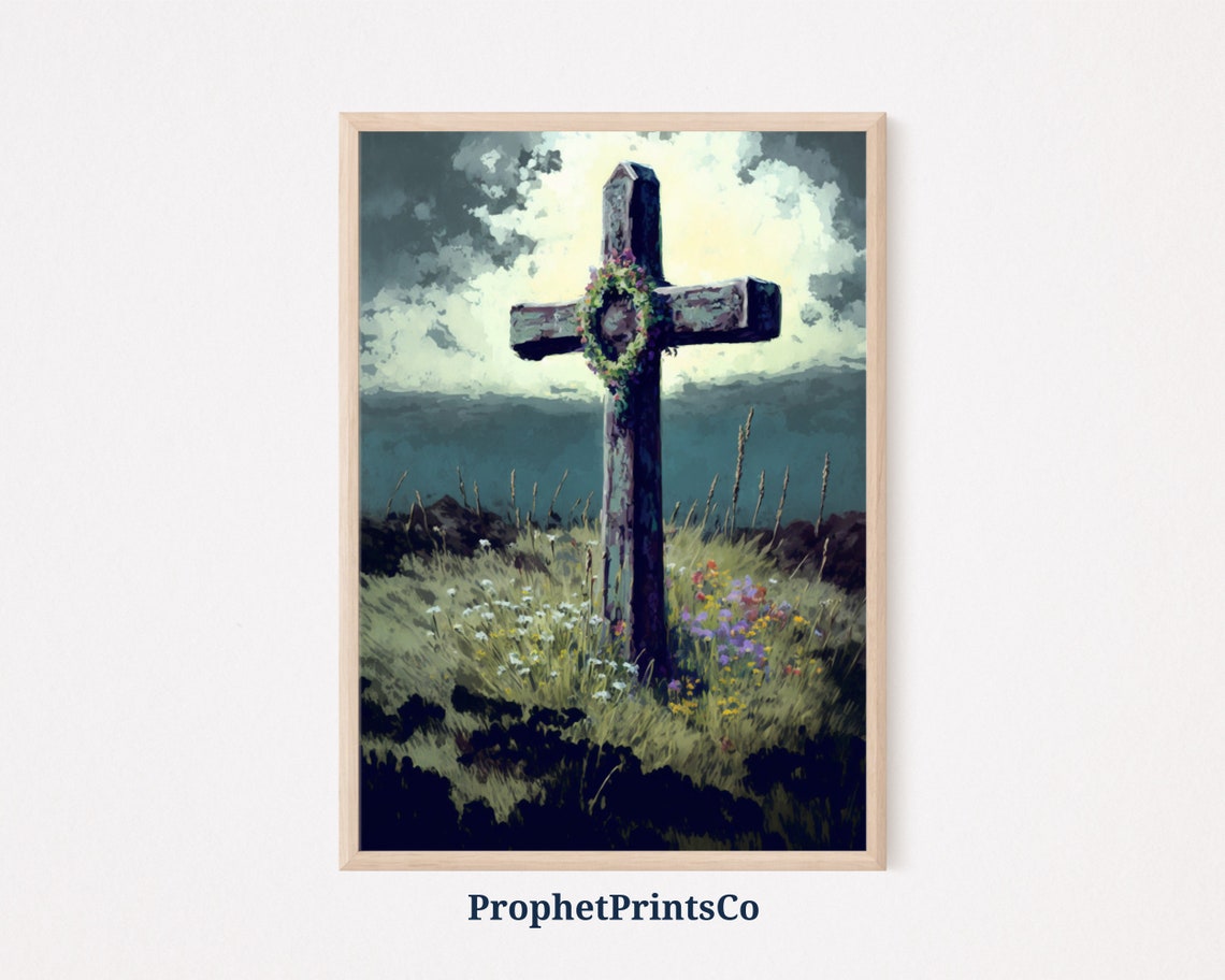 Weathered Wooden Cross in Blooming Field Dramatic Sky Art Poster