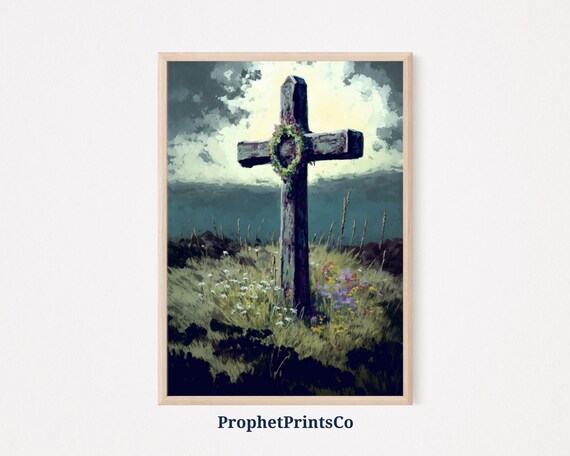 Weathered Wooden Cross in Blooming Field Dramatic Sky Art Poster