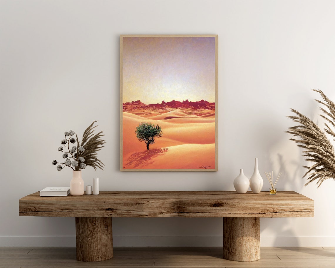 Lone Tree in Orange Desert Dunes at Sunset Landscape Painting Poster - Image 3