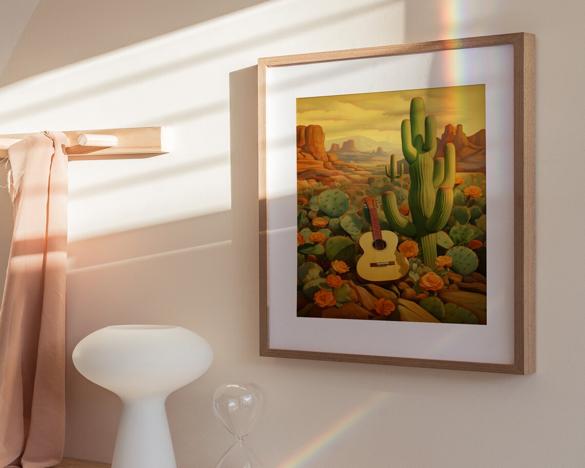 Guitar by Giant Saguaro at Desert Sunset Mexican Cactus Landscape Painting Poster - Image 3