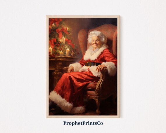 Mrs Claus in Santa Suit by Candlelit Tree Vintage Christmas Holiday Poster