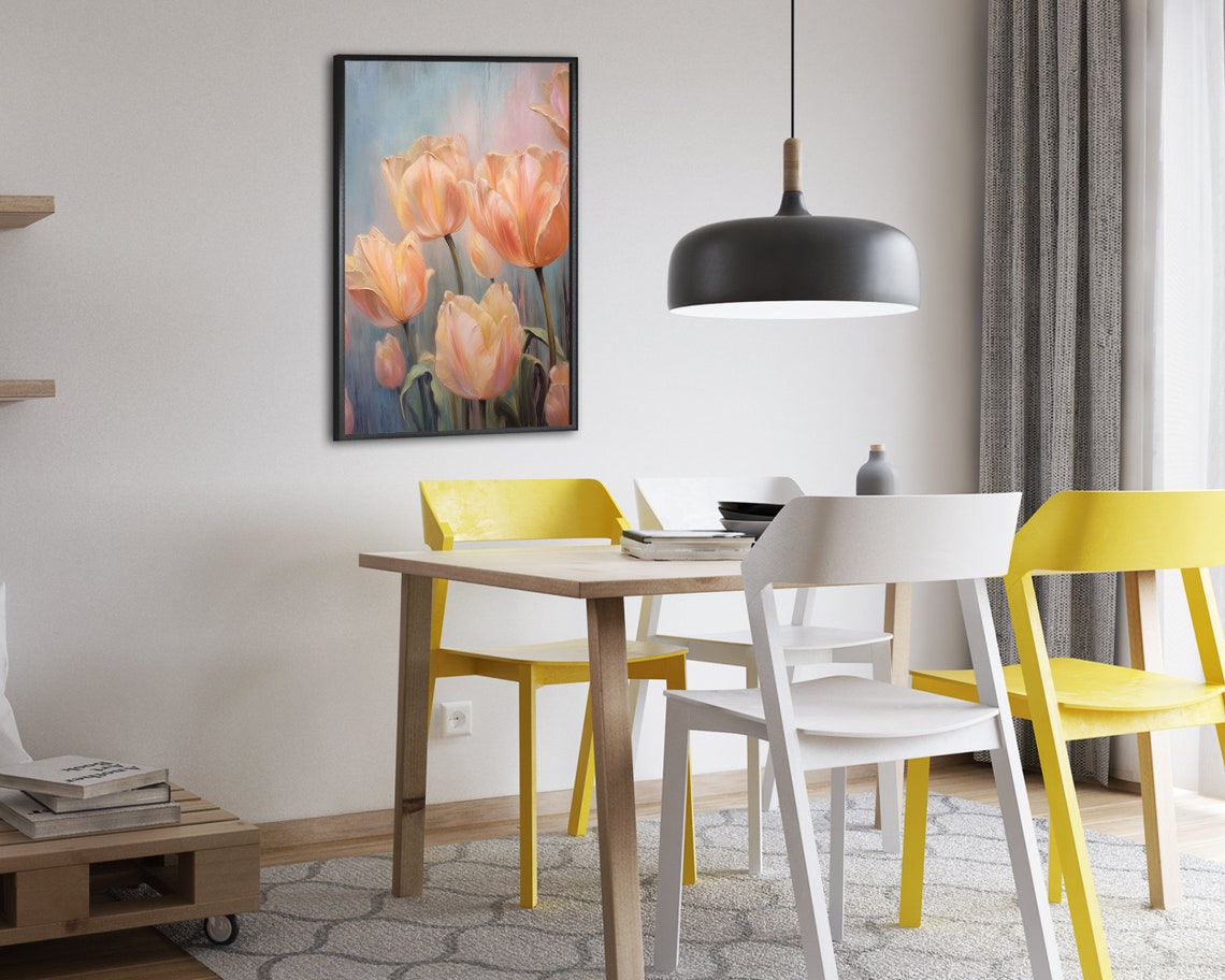 Peach Tulips Blue Grey Background Elegant Floral Oil Painting Poster - Image 2