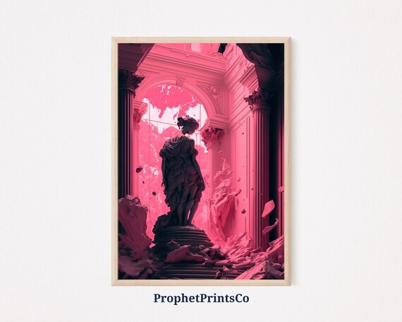 Surreal Pink Classical Statue in a Crumbling Marble Hall Art Poster