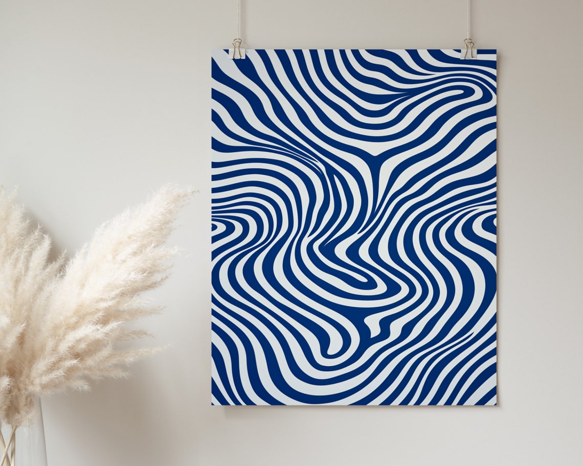 Navy And Cream Wavy Line Optical Illusion Abstract Art Poster - Image 2