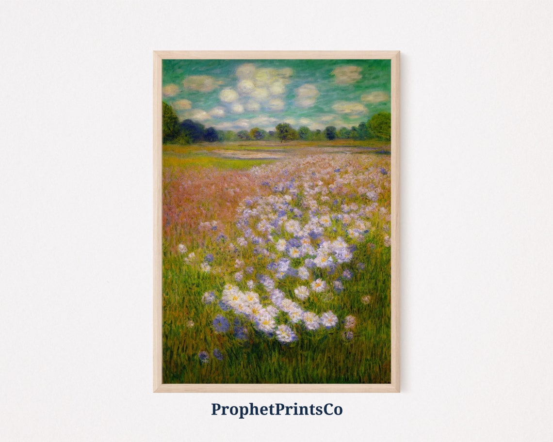 Wildflower Meadow Under Bright Blue Sky Impressionist Art Poster