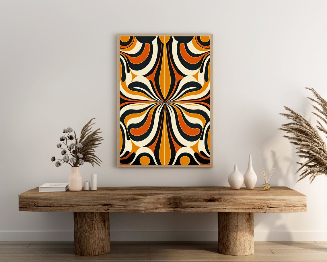 Retro 70s Geometric Op Art Swirl Pattern Orange Black Cream Poster - Image 3
