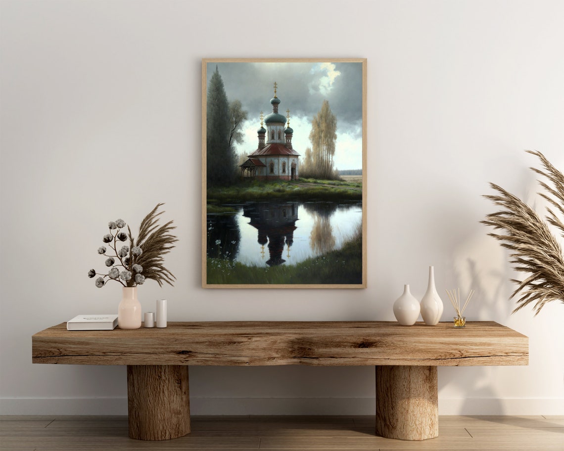 Orthodox Chapel Blue Domes Golden Crosses Lake Reflection Poster - Image 3
