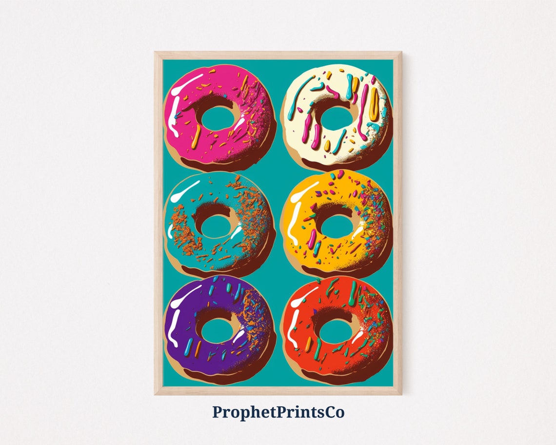 Six Sprinkled Donuts on Teal Background Bold Pop Art Food Poster
