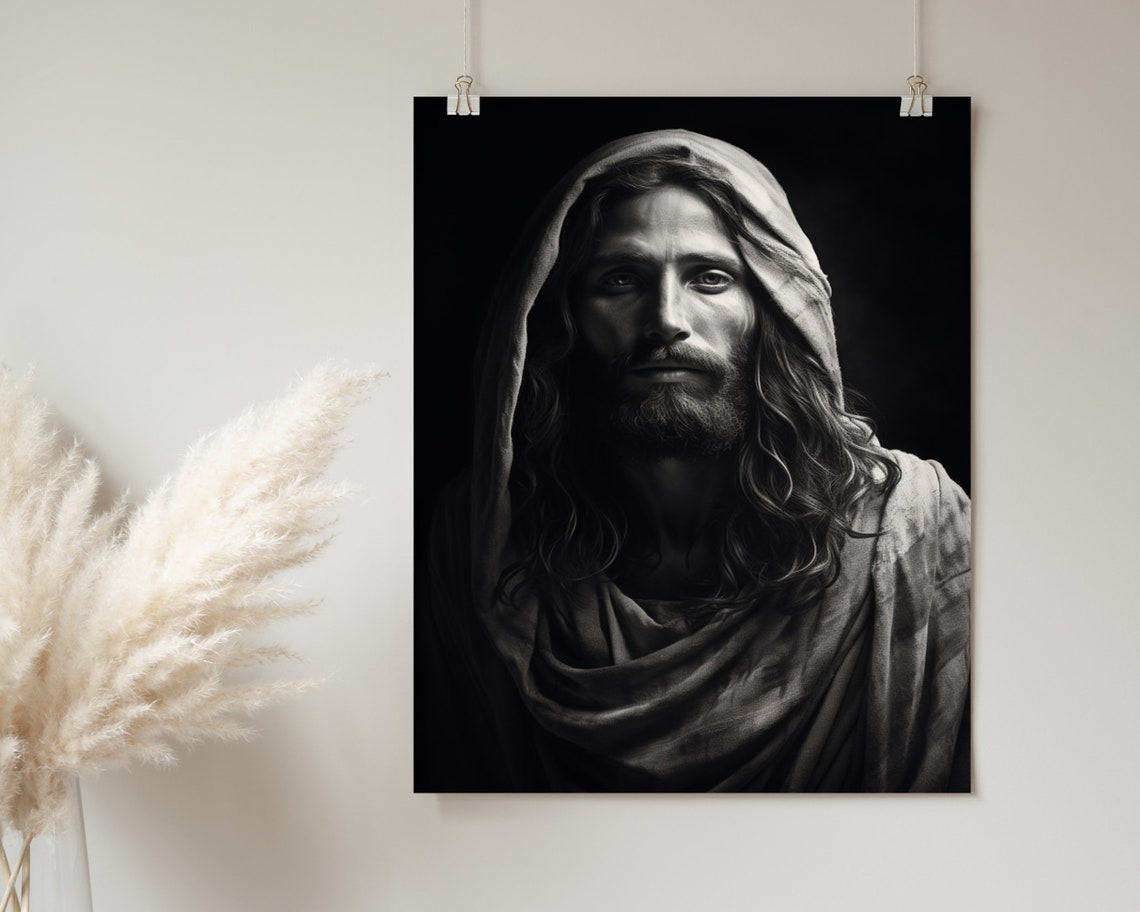 Hooded Jesus Christ Black and White Dramatic Portrait Art Poster - Image 2