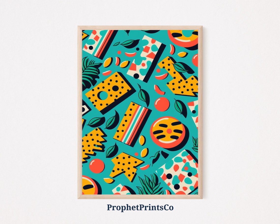 2000s Memphis Geometric Poster Yellow Shapes on Teal Retro Design