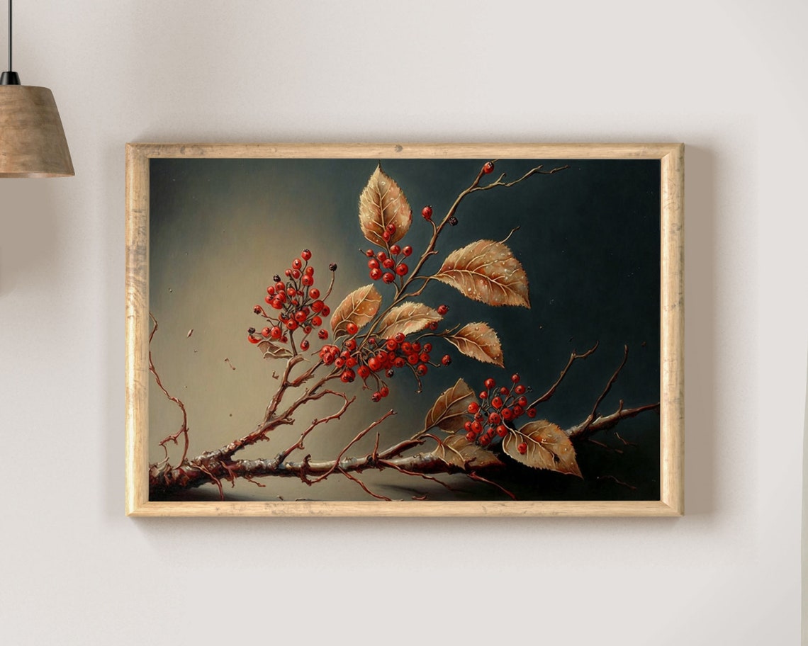 Red Berry Branch With Golden Autumn Leaves Dark Still Life Poster - Image 2