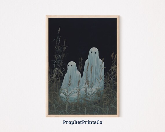 Cute Ghost Couple In Dark Grassy Meadow Night Halloween Art Poster