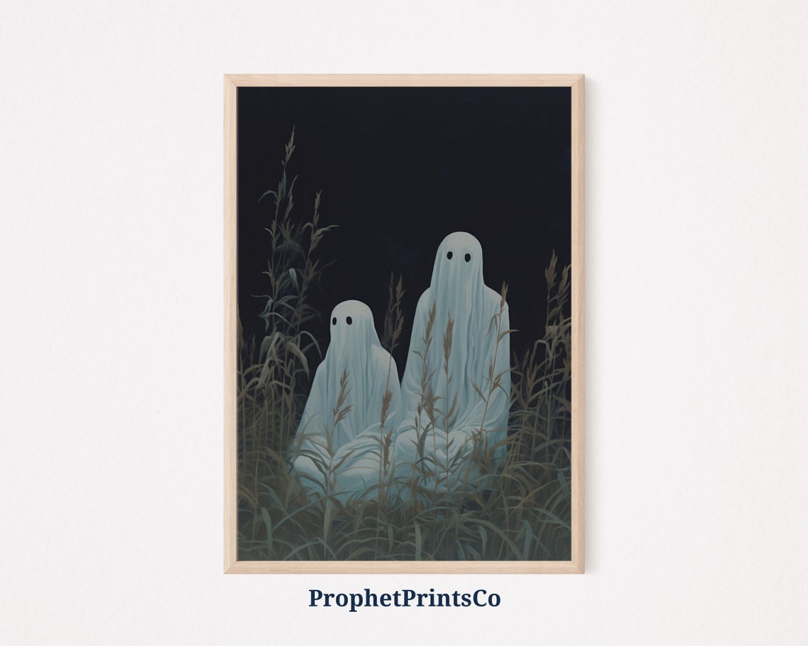 Cute Ghost Couple In Dark Grassy Meadow Night Halloween Art Poster