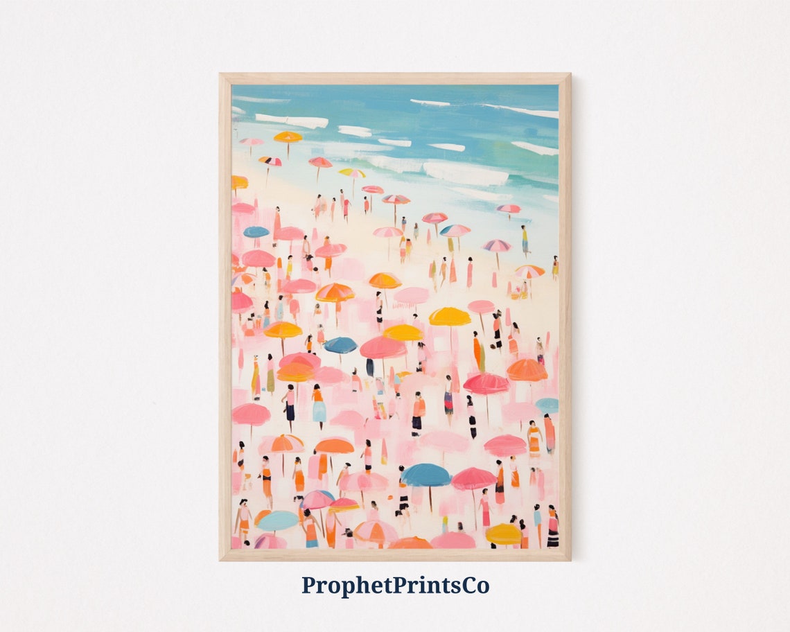 Pink Beach With Colorful Umbrellas Crowded Summer Shoreline Art Poster