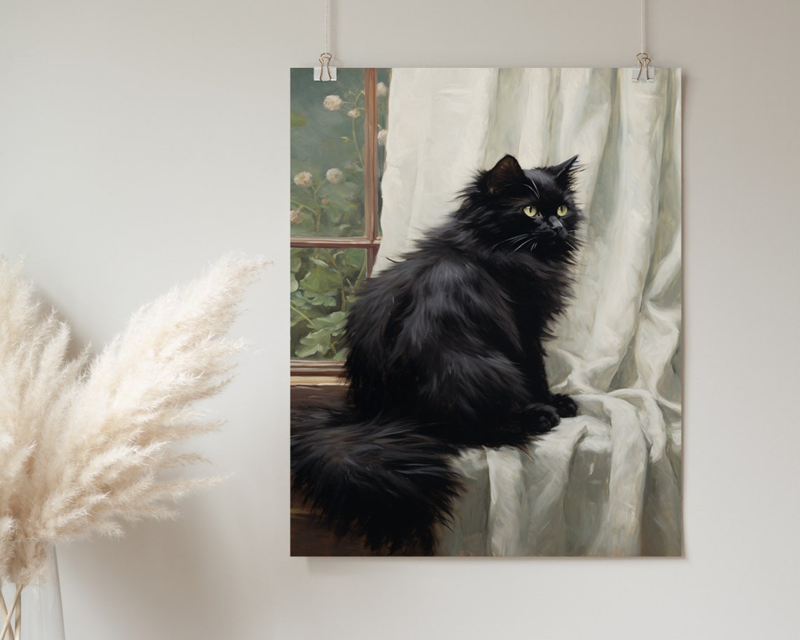 Black Cat Sitting By Sunlit Window Vintage Oil Painting Poster - Image 2