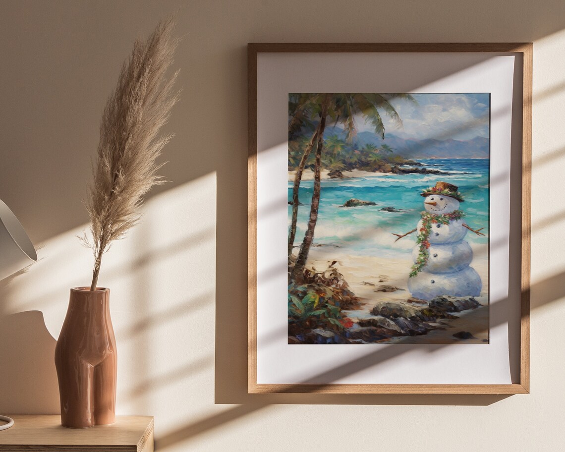 Snowman Wearing Lei on Rocky Shore Tropical Hawaiian Christmas Beach Poster - Image 4