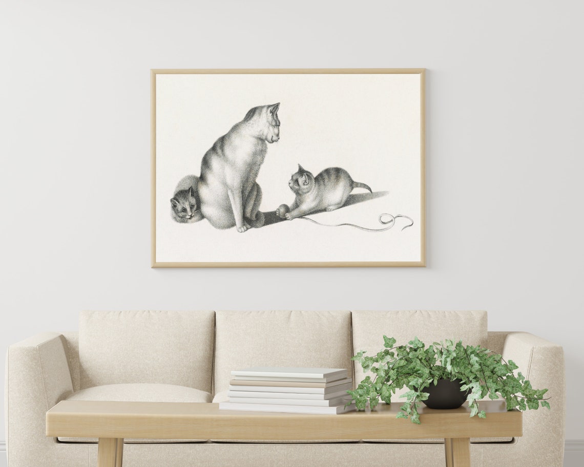 Mother Cat With Kittens Vintage Pencil Sketch Tender Moment Poster - Image 3