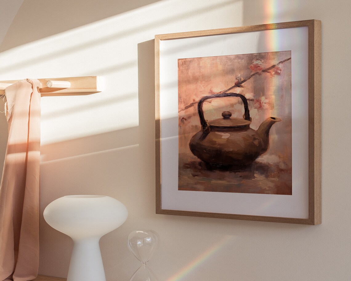 Bronze Kettle Cherry Blossom Still Life Warm Tonal Oil Painting Poster - Image 3