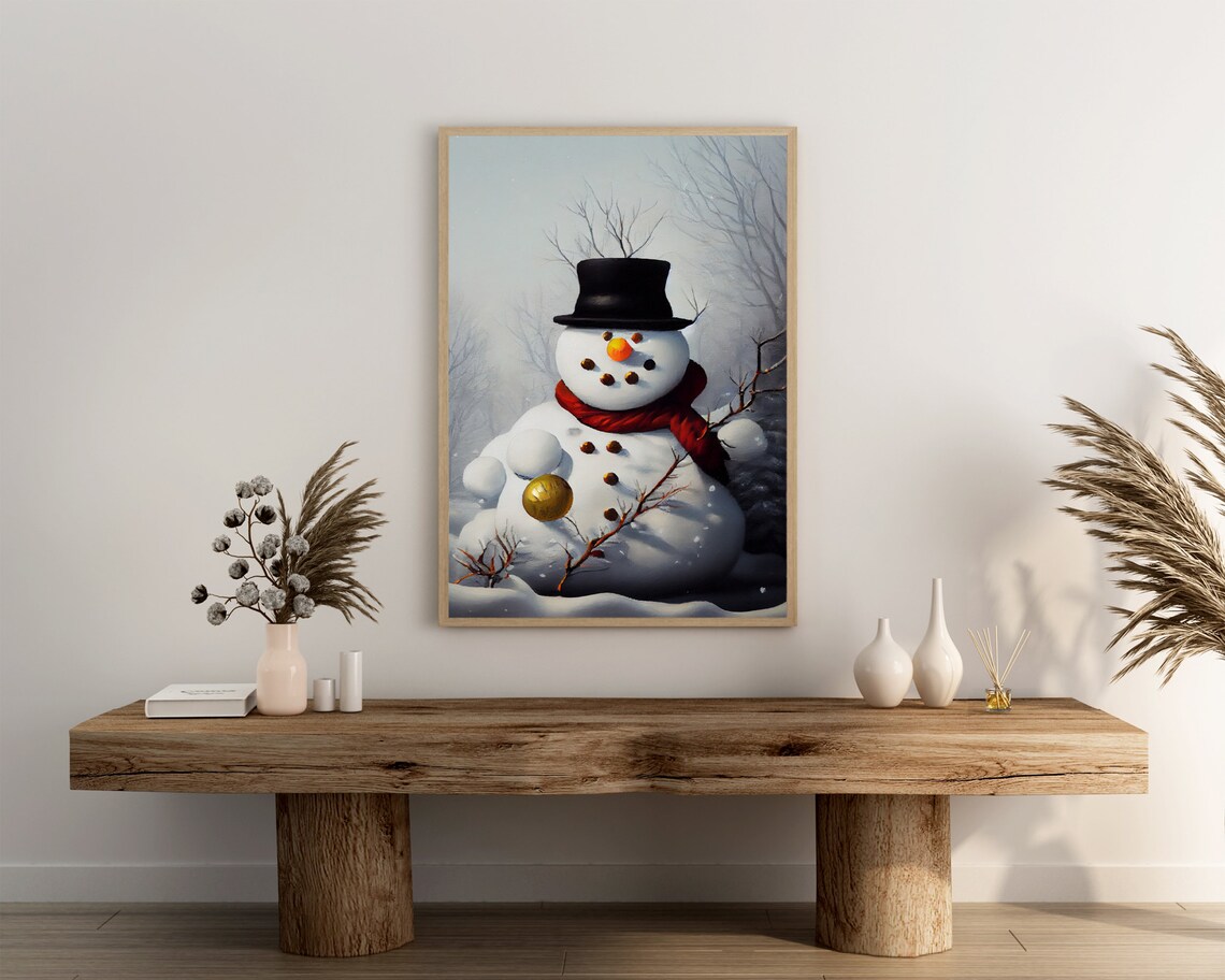 A Jolly Snowman in Top Hat and Red Scarf Misty Winter Woods Vintage Poster - Image 3