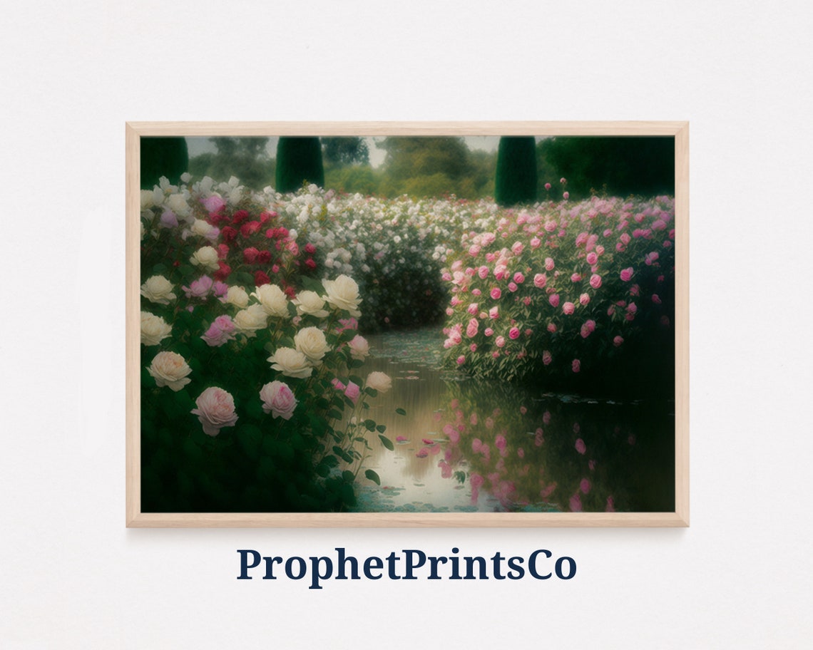 White Pink Rose Garden Path Romantic Floral Oil Painting Poster