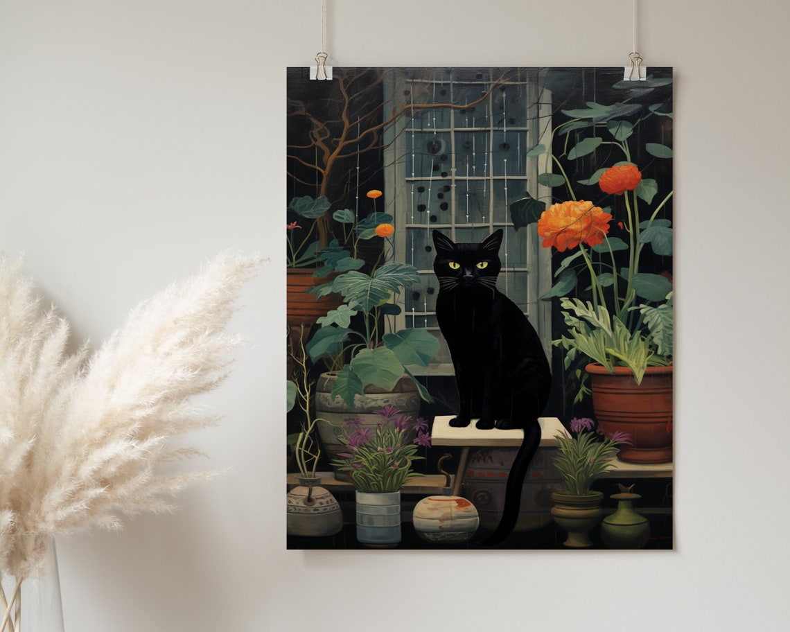 Black Cat Night Garden Rain Window Moody Botanical Art Poster - Image 2