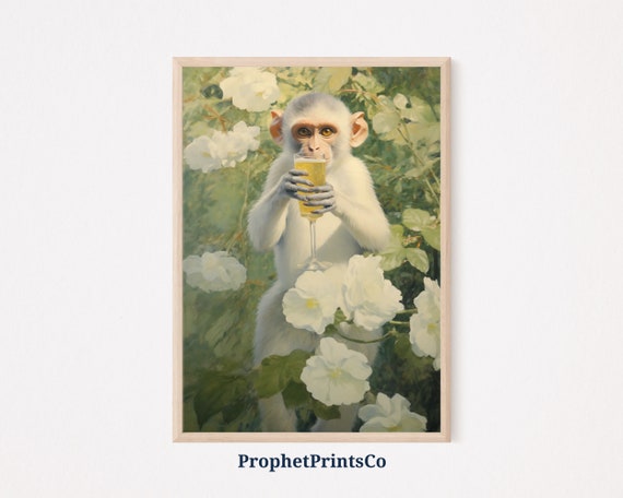 Monkey Cocktail Print Monkey Gentleman Print Retro Wall Art Cute Preppy Apartment Wall Art Wall Art