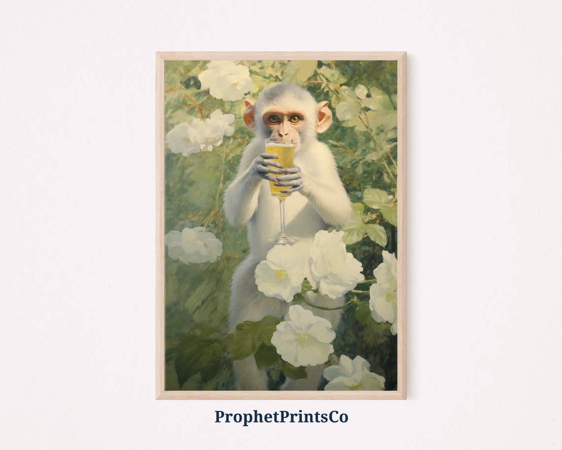 White Monkey Drinking Champagne Funny Jungle Animal Art Poster