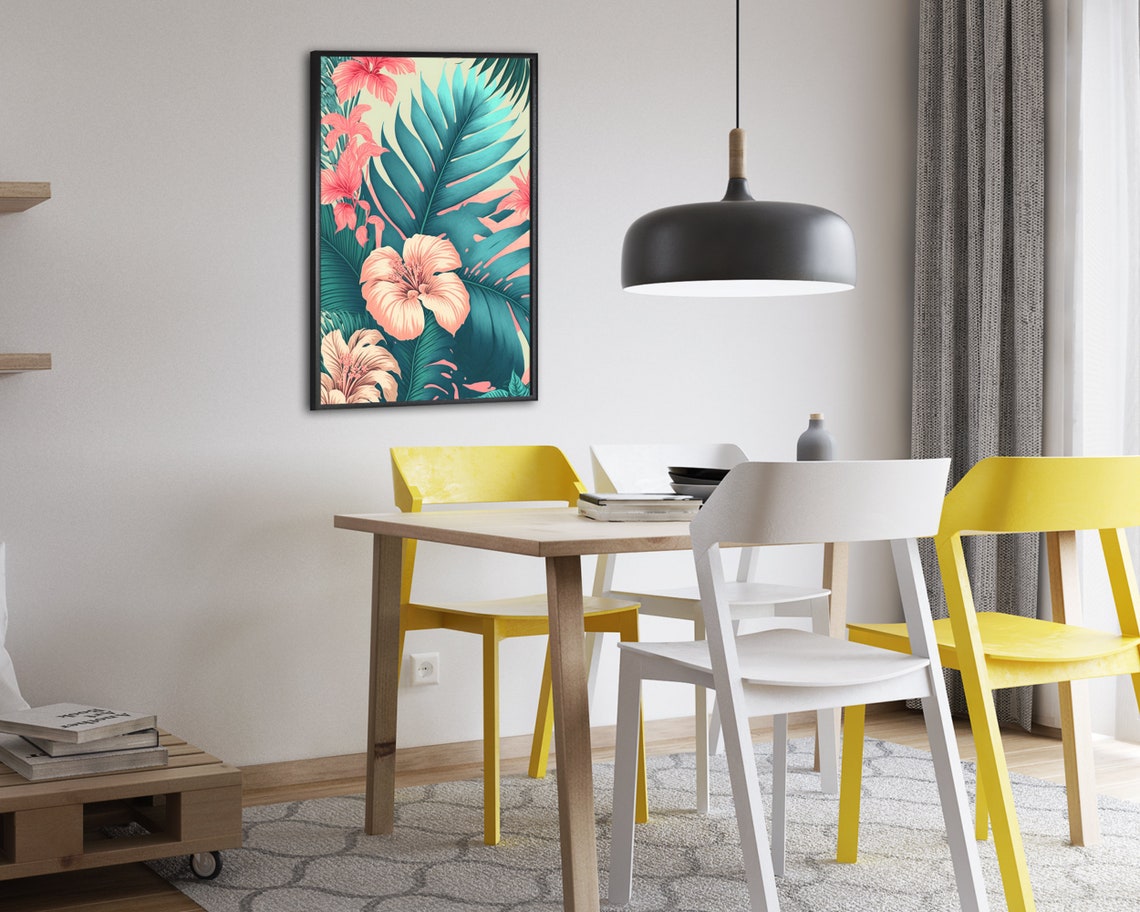 Tropical Palm Leaves And Pink Hibiscus Turquoise Botanical Poster - Image 2