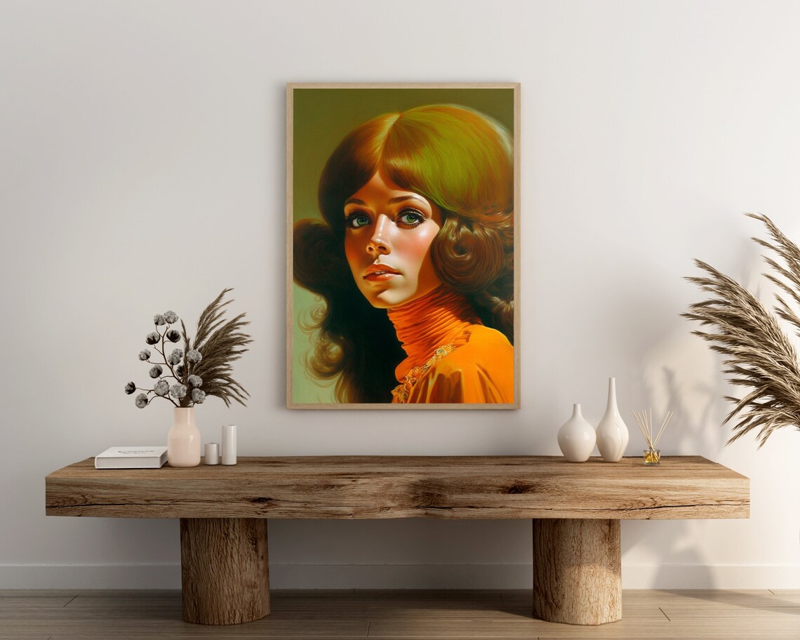 Retro 70s Woman Portrait Auburn Hair Orange Turtleneck Art Poster - Image 3