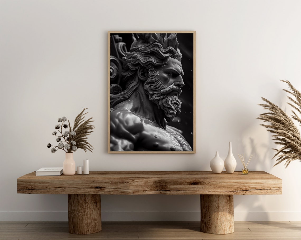 Poseidon Greek God Statue Black White Ocean King Powerful Sea Poster - Image 3